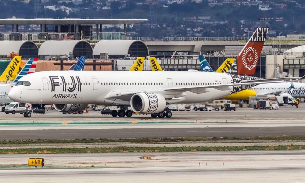 Los Angeles International Airport, California, United States - 02 December, 2022: Fiji Airways Airbus A350 on taxiway (info unknown).