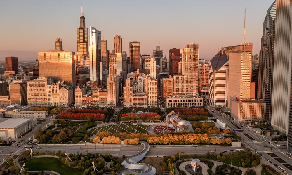 Aerial view of the Chicago skyline rising above an urban park in autumn.