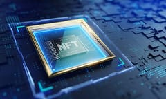 NFT nonfungible tokens concept - NFT word in picture frame on abstract technology background. 3d rendering