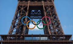 PARIS, FRANCE - JUNE 23 2024: The Olympic Rings installed on the Eiffel Tower ahead of the Paris 2024 Olympic Games