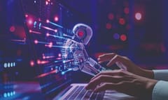 Graphic illustrating power of AI with image of a robot emerging from a screen to help the human
