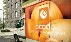 London- February, 2021: Ocado delivery truck on residential street in west London- a leading British online supermarket