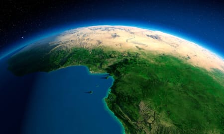 Highly detailed planet Earth. Exaggerated precise relief lit morning sun. Africa. Countries of the Gulf of Guinea. 3D rendering. Elements of this image furnished by NASA