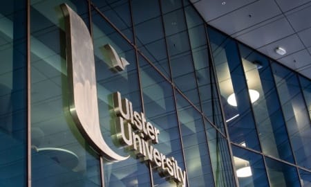 Belfast, UK, Sep 29, 2023. The logo of Ulster University at the new Belfast campus.
