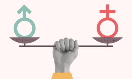 Contemporary art collage with hand holding scales with male and female gender signs. Sexual education. Concept of love and freedom. Gender equality. Modern design. Copy space.