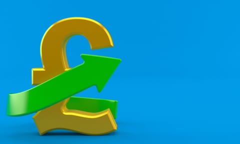 Pound currency with green arrow isolated on blue background. 3d illustration