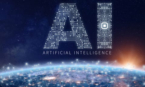 Artificial Intelligence technology concept with text AI made of electronic circuit board with microchip above planet Earth with connected network, data exchange and computing, elements from NASA