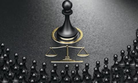 3d illustration of many pawns over golden and black background representing a class action or a collective redress concept.