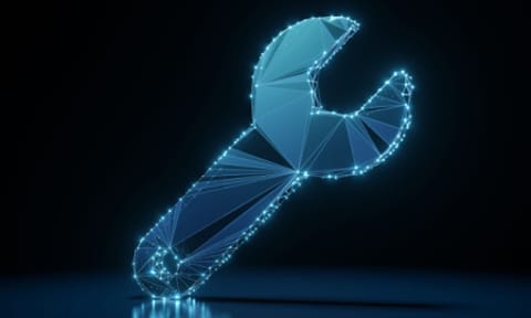 3d rendering wireframe digital techno neon glowing symbol of wrench with small hole with shining dots on black background with blured reflection on floor