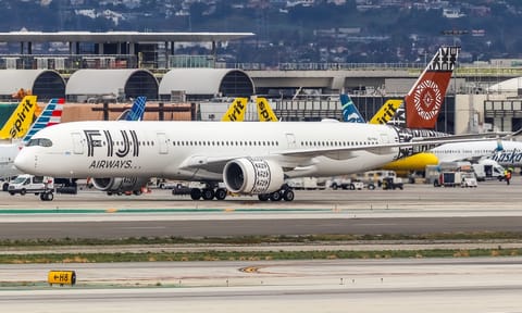 Los Angeles International Airport, California, United States - 02 December, 2022: Fiji Airways Airbus A350 on taxiway (info unknown).