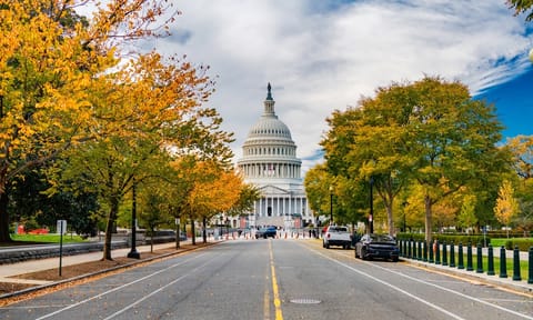 Symmetrical avenue view toward Capitol building in Washington DC during fall season daytime
