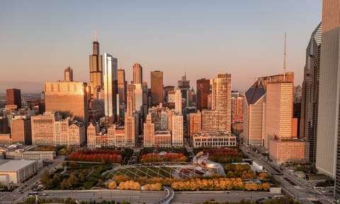 Aerial view of the Chicago skyline rising above an urban park in autumn.