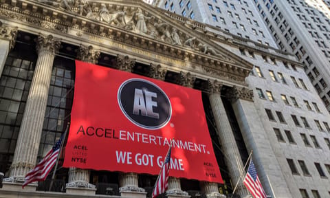 An Accel banner on the New York Stock Exchange Building