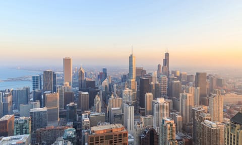 Aerial view of Chicago downtown at sunset from high above