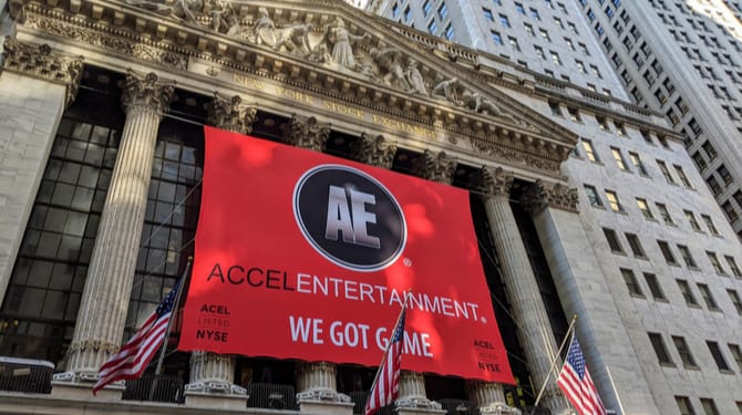 An Accel banner on the New York Stock Exchange Building