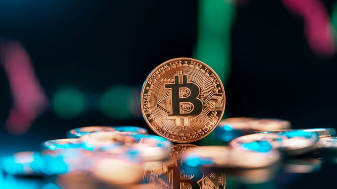 Image of Bitcoin with stocks in background