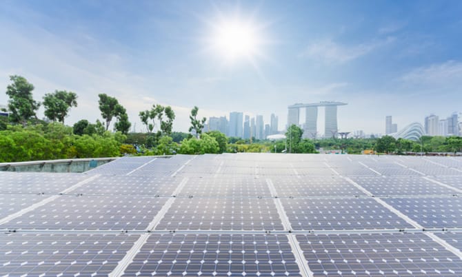 Solar panels energy field at singapore public park with blue sky, New alternative energy from natural, Singapore