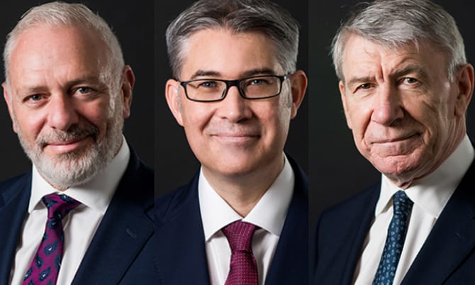 Portrait photographs of Michael Barnett, Mark Hastings and Mark Gill against dark background