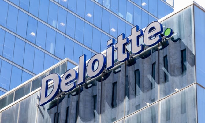 Image of Deloitte logo on skyscraper