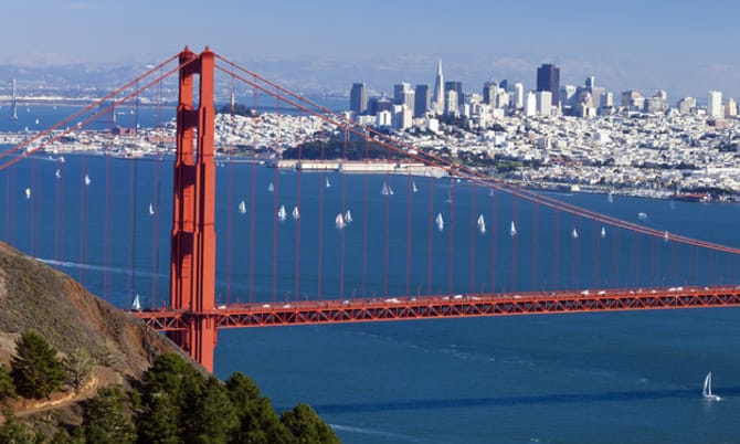 The Golden Gate Bridge with San Francisco in the background