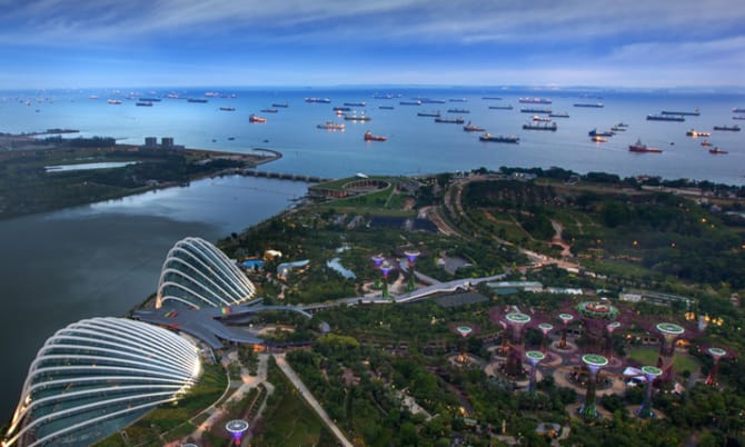 Cargo ships entering Singapore port