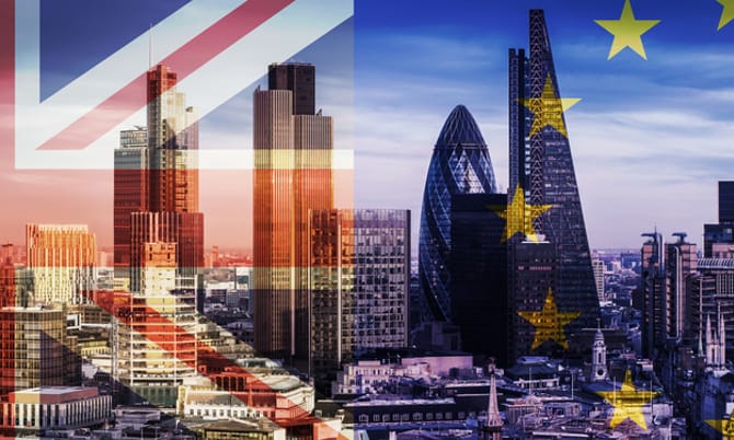 United Kingdom and European Union flags over the Bank District's Skyscrapers in London, England